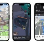 Three Apple Maps iPhone displays are shown side-by-side, showing, from left to right: a rendering of the Massachusetts State House, a rendering of Union Oyster House in a dark-tinted nighttime mode, and directions to Logan Airport.