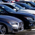A long line of unsold 2021 Q50 sedans