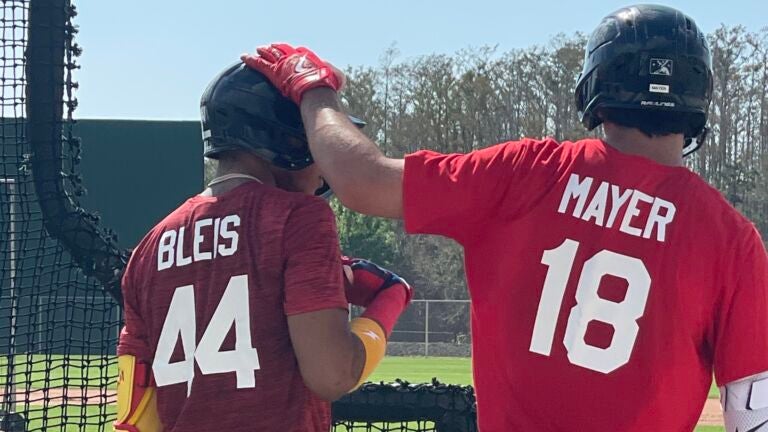Miguel Bleis (left) and Marcelo Mayer are among the Red Sox prospects at spring training in Fort Myers, Fla.