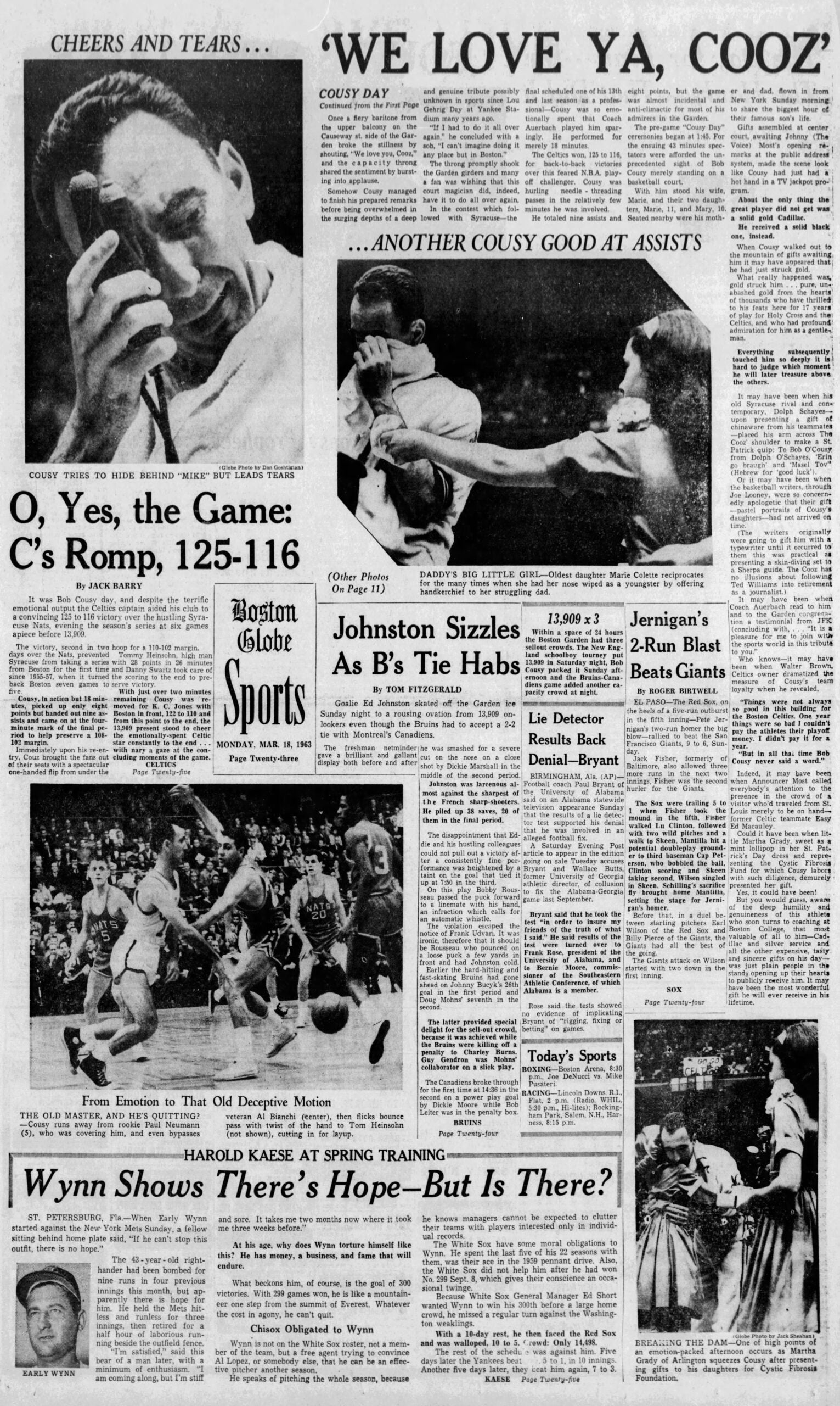 Bob Cousy Celtics 1963 Boston Globe