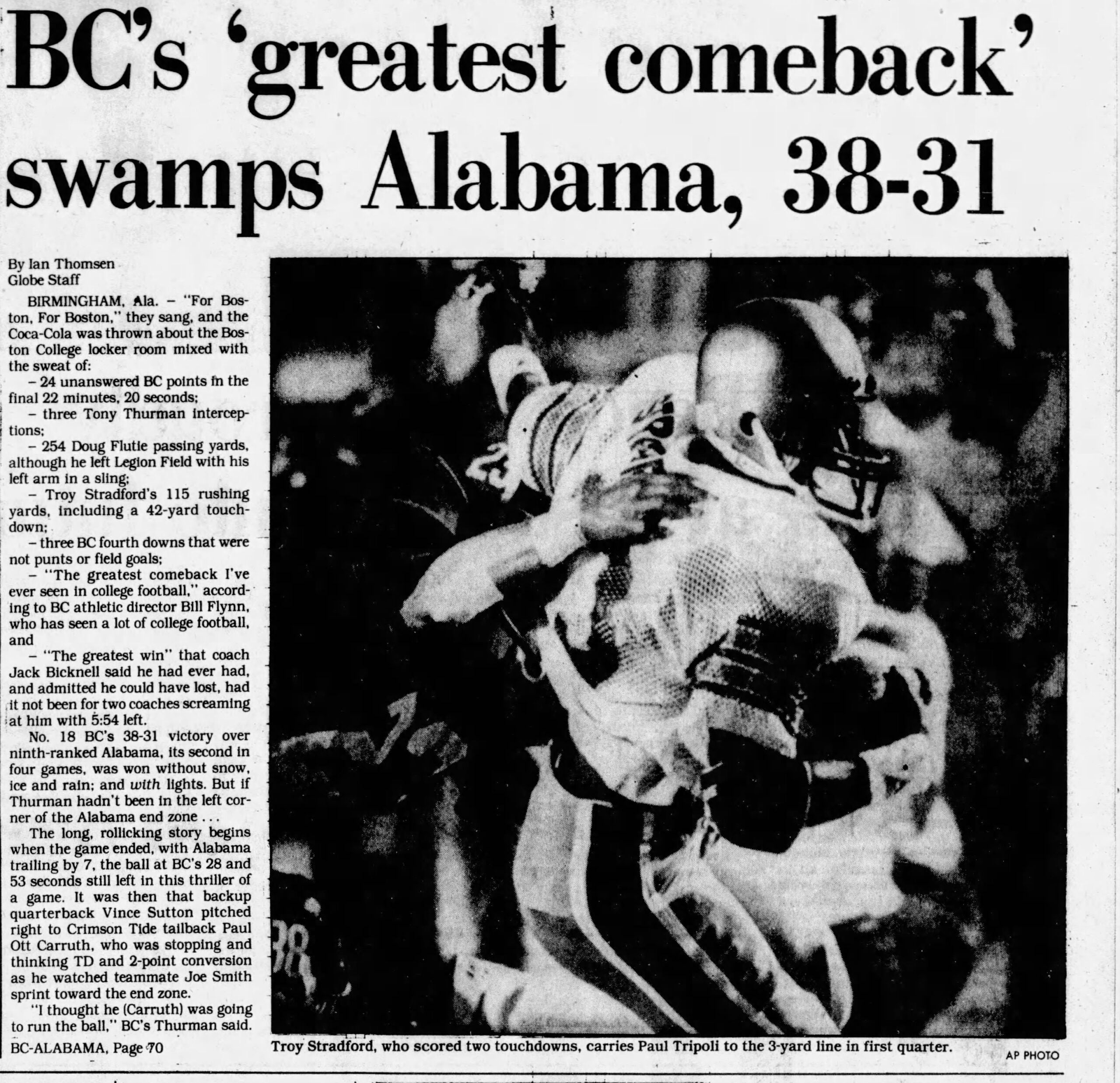 Boston College upset vs. Alabama 1984 Boston Globe