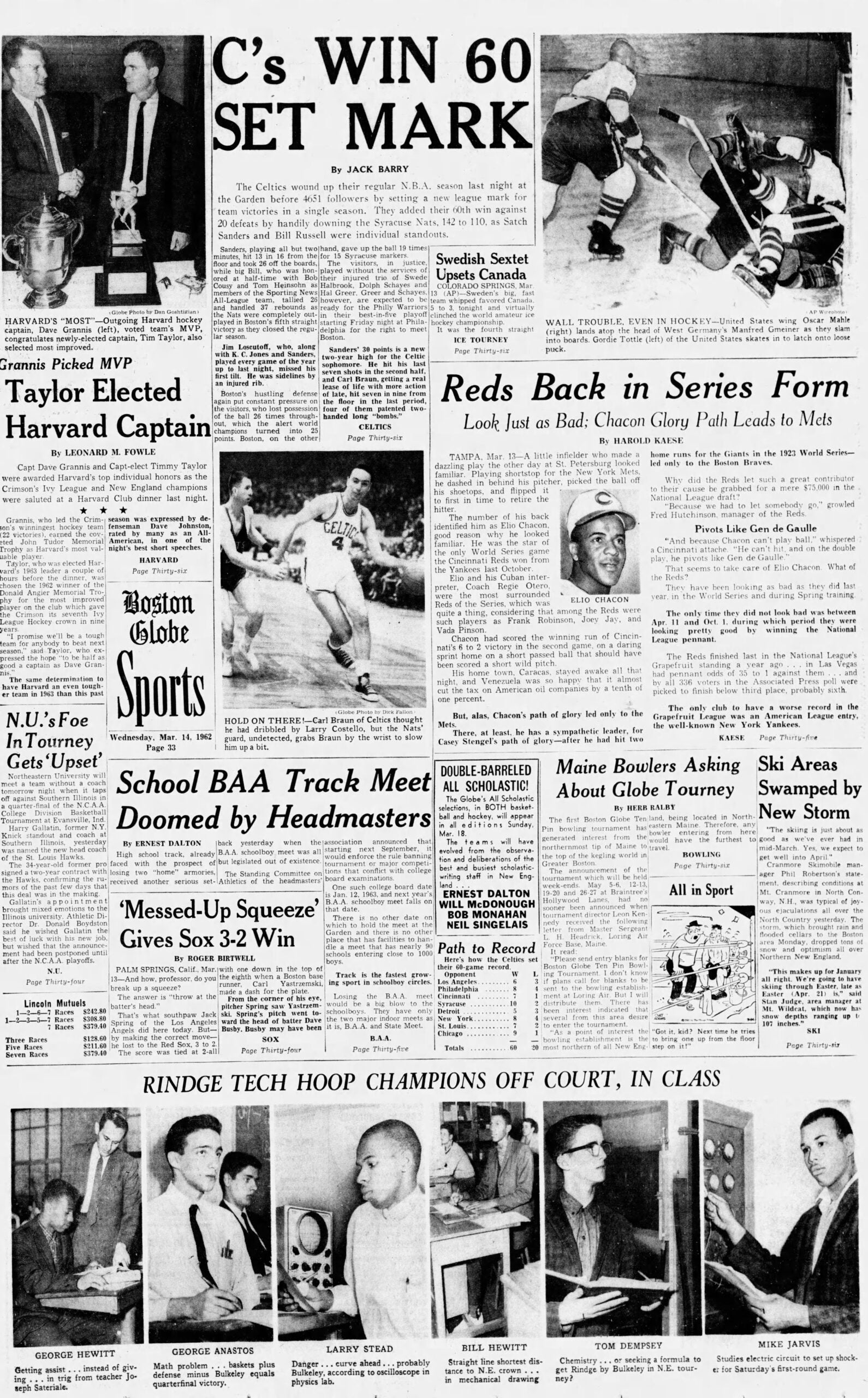 1962 Celtics Boston Globe sports section