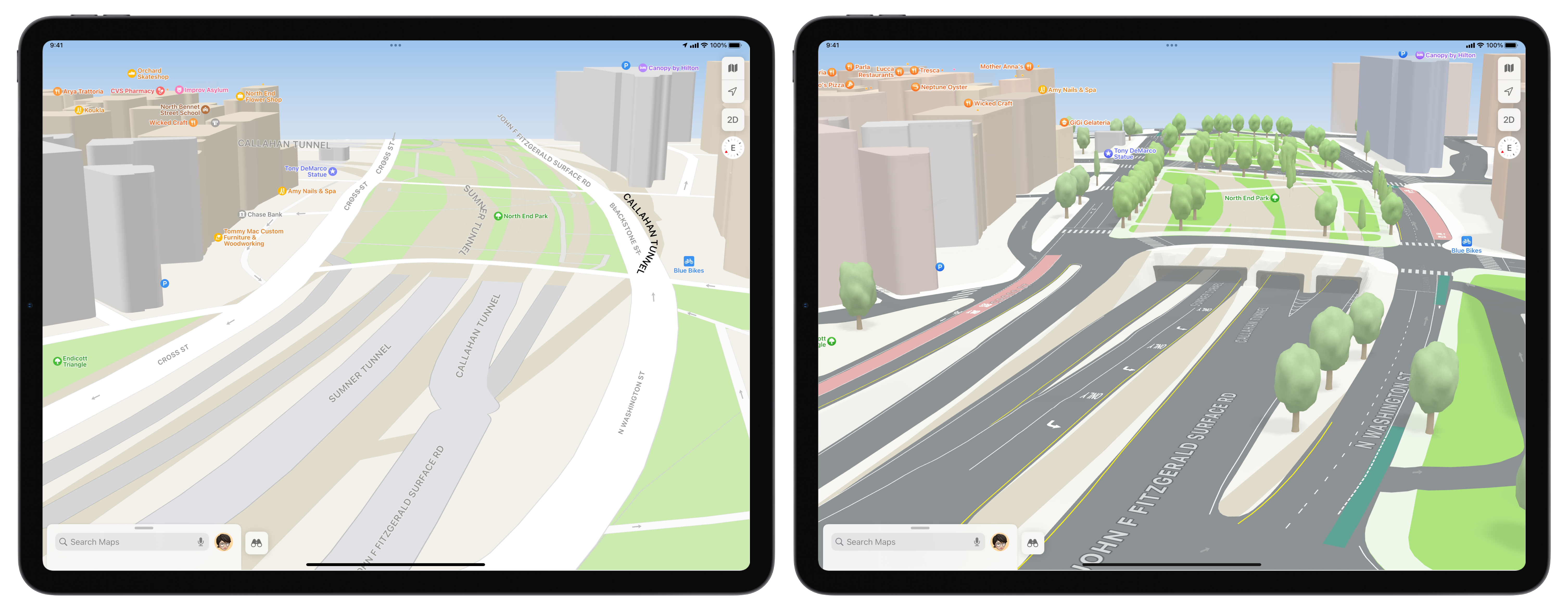 A side-by-side comparison shows an Apple Maps rendering of Boston's Callahan tunnel before and after the new upgrades. The rendering on the right includes road markings, elevation, and trees.