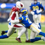 Los Angeles Rams safety Taylor Rapp tackles Arizona Cardinals wide receiver Rondale Moore during a game Sunday, Nov. 13, 2022.