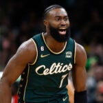 Boston Celtics' Jaylen Brown plays against the Los Angeles Lakers in overtime during an NBA basketball game, Saturday, Jan. 28, 2023, in Boston.