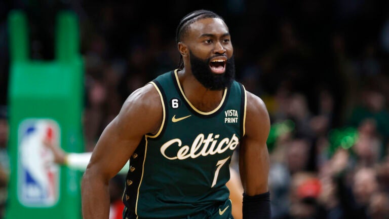 Boston Celtics' Jaylen Brown plays against the Los Angeles Lakers in overtime during an NBA basketball game, Saturday, Jan. 28, 2023, in Boston.