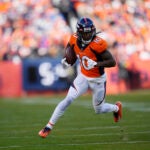 Denver Broncos wide receiver Jerry Jeudy (10) runs against the Los Angeles Chargers during the first half of an NFL football game in Denver, Sunday, Jan. 8, 2023.