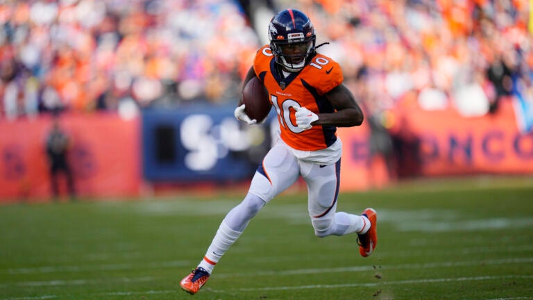 Denver Broncos wide receiver Jerry Jeudy (10) runs against the Los Angeles Chargers during the first half of an NFL football game in Denver, Sunday, Jan. 8, 2023.