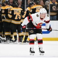 Brady Tkachuk #7 of the Ottawa Senators skates off of the ice after losing to the Boston Bruins at the TD Garden.