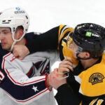 The 2nd period fight ended in one punch thrown by Boston Bruins center Trent Frederic (11) into the chin of Columbus Lane Pederson which knocked him to the ice.