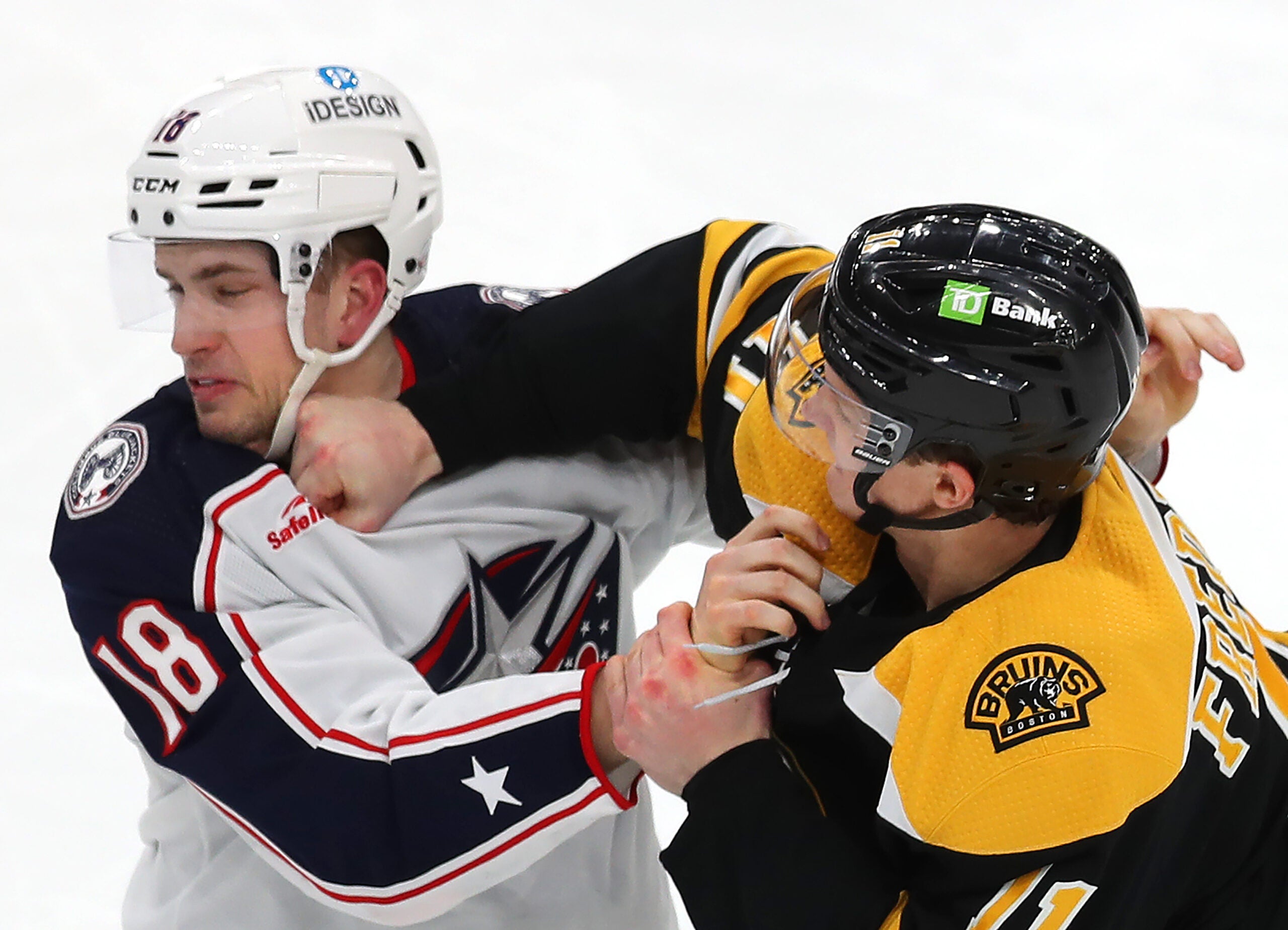 The 2nd period fight ended in one punch thrown by Boston Bruins center Trent Frederic (11) into the chin of Columbus Lane Pederson which knocked him to the ice.