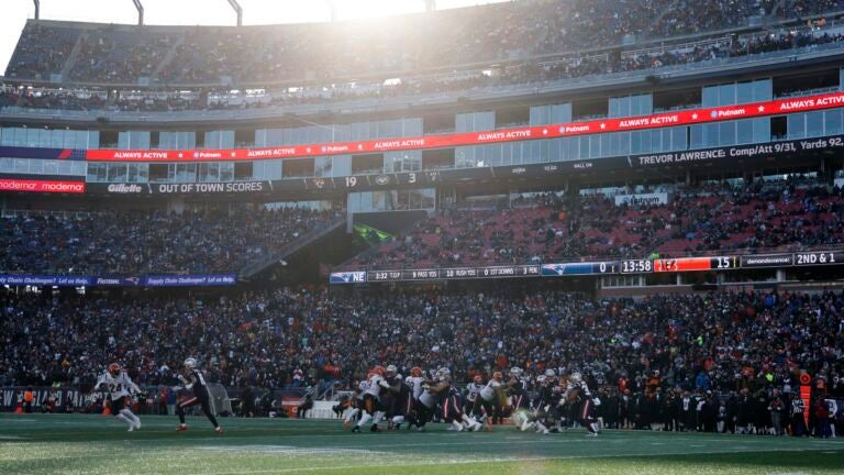 The Cincinnati Bengals and New England Patriots play at Gillette Stadium on December 24, 2022 in Foxborough, Massachusetts.