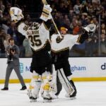 Boston Bruins goaltender Linus Ullmark celebrates with goaltender Jeremy Swayman after an NHL hockey game against the Colorado Avalanche Saturday, Dec. 3, 2022, in Boston.