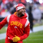 Kansas City Chiefs wide receiver JuJu Smith-Schuster during warmups before an NFL divisional round playoff football game against the Jacksonville Jaguars, Saturday, Jan. 21, 2023 in Kansas City, Mo.