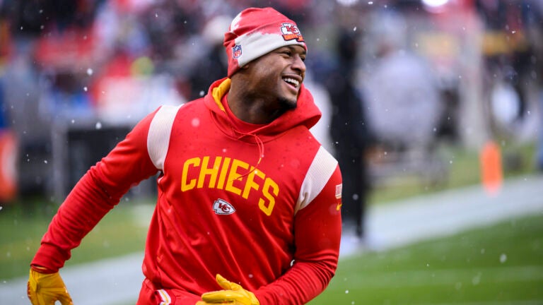 Kansas City Chiefs wide receiver JuJu Smith-Schuster during warmups before an NFL Divisional Round playoff football game against the Jacksonville Jaguars on Saturday, January 21, 2023 in Kansas City, Mo.
