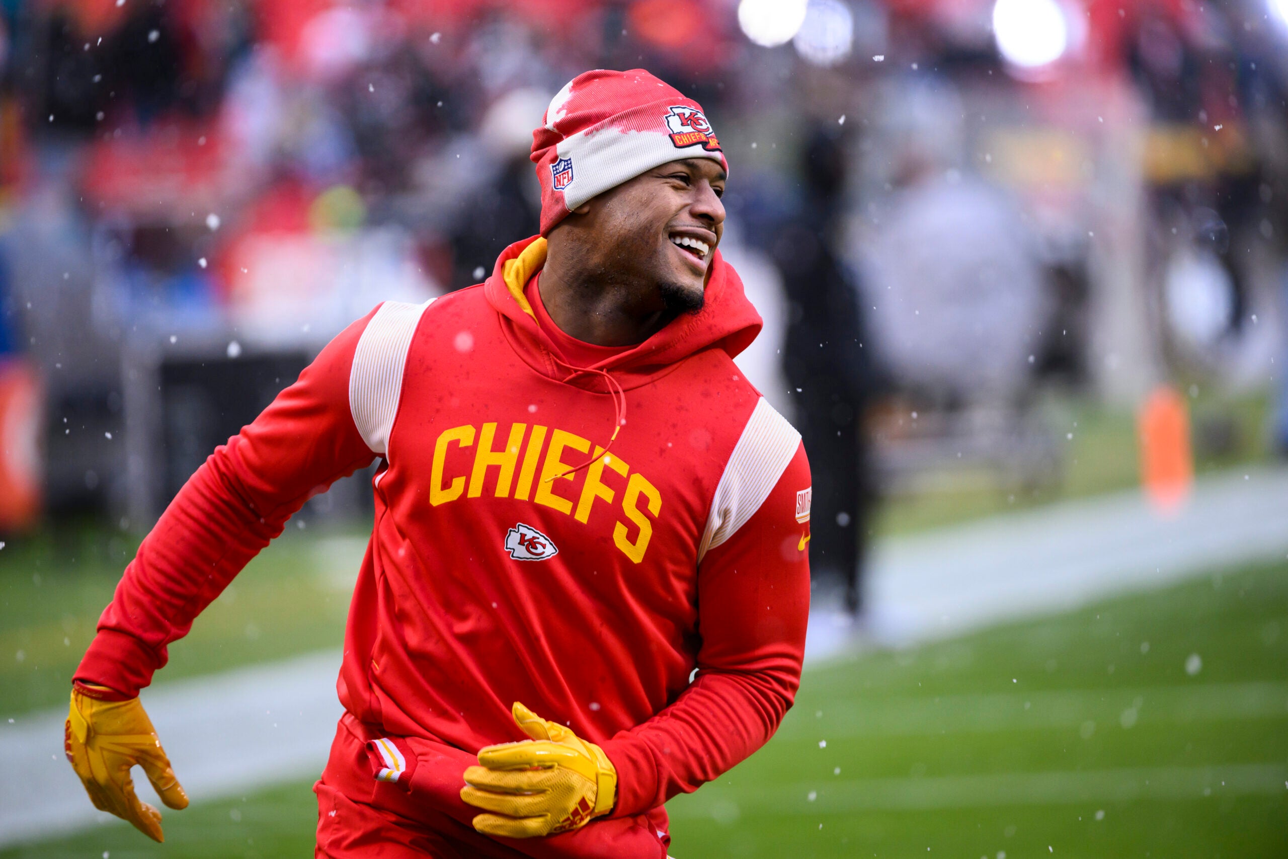 Kansas City Chiefs wide receiver JuJu Smith-Schuster during warmups before an NFL divisional round playoff football game against the Jacksonville Jaguars, Saturday, Jan. 21, 2023 in Kansas City, Mo.
