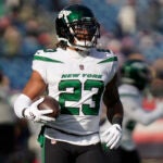 New York Jets running back James Robinson (23) prior to an NFL football game, Sunday, Nov. 20, 2022, in Foxborough, Mass.