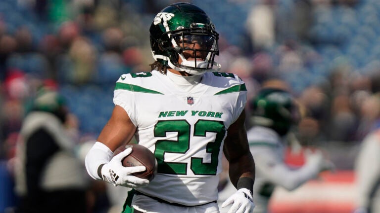 New York Jets running back James Robinson (23) prior to an NFL football game, Sunday, Nov. 20, 2022, in Foxborough, Mass.