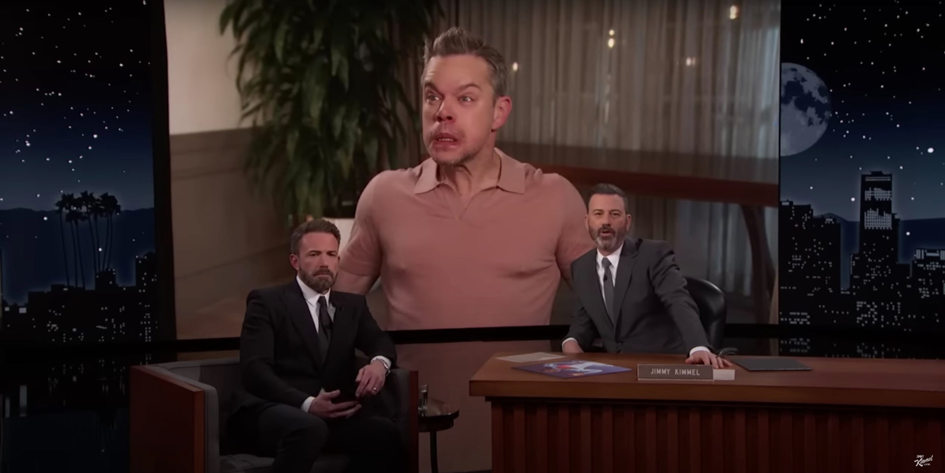 Matt Damon appears via video while Jimmy Kimmel interviews Ben Affleck for his new movie "Air."