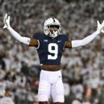 Penn State cornerback Joey Porter Jr. (9) lines up against Minnesota in the first half of an NCAA college football game, Saturday, Oct. 22, 2022, in State College, Pa.