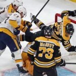 Patrice Bergeron gets pushed.