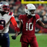 Arizona Cardinals wide receiver DeAndre Hopkins (10) reacts to a call during the first half of an NFL football game against the New England Patriots, Monday, Dec. 12, 2022, in Glendale, Ariz.