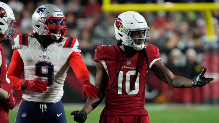 Arizona Cardinals wide receiver DeAndre Hopkins (10) reacts to a call during the first half of an NFL football game against the New England Patriots Monday, December 12, 2022, in Glendale, Ariz.