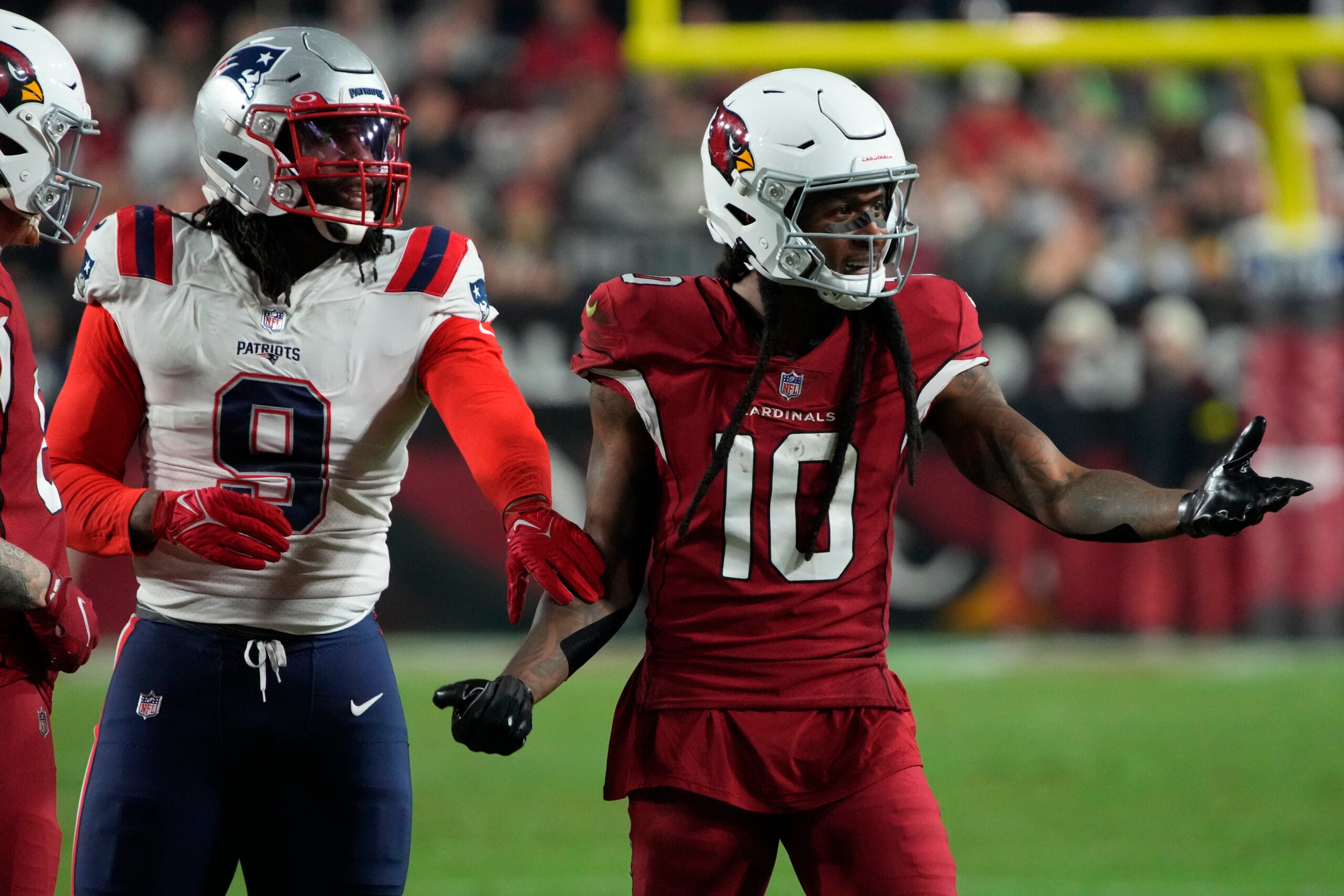 Arizona Cardinals wide receiver DeAndre Hopkins (10) reacts to a call during the first half of an NFL football game against the New England Patriots, Monday, Dec. 12, 2022, in Glendale, Ariz.
