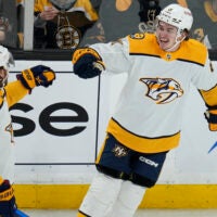 Against the Bruins, Nashville Predators center Cody Glass, right, is congratulated by Ryan McDonagh