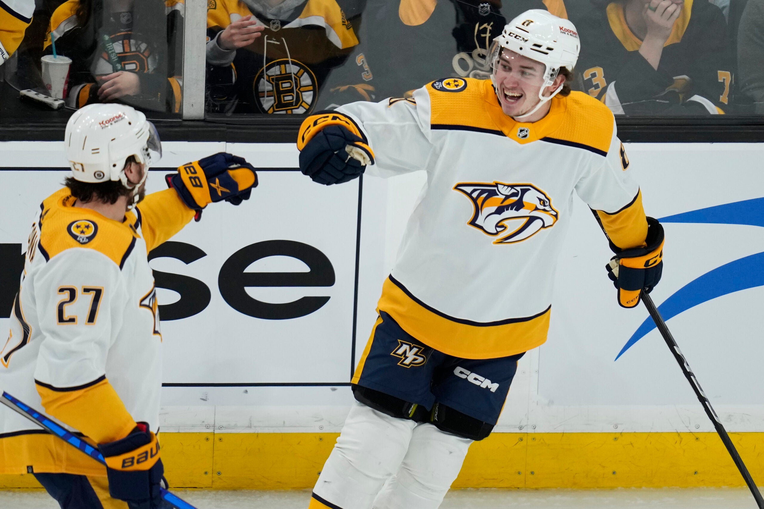 Against the Bruins, Nashville Predators center Cody Glass, right, is congratulated by Ryan McDonagh