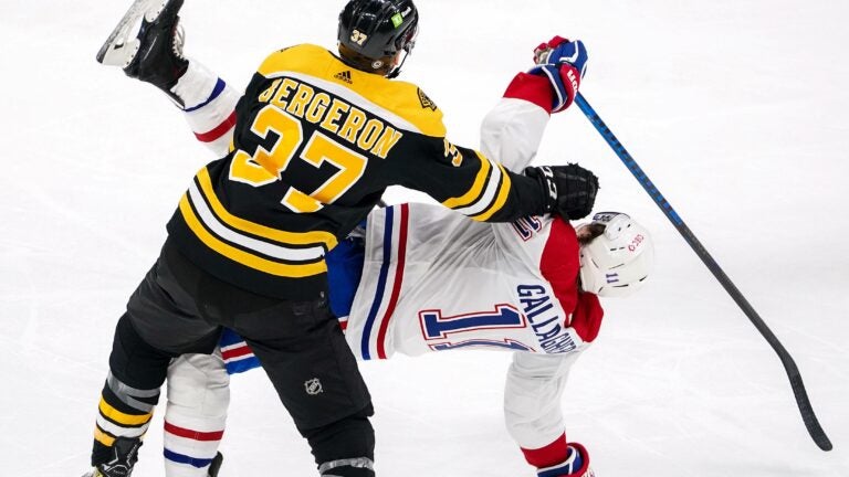 Bruins captain Patrice Bergeron delivered an open-ice hit to Canadiens right wing Brendan Gallagher in the first period.
