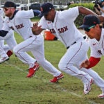 With Red Sox pitcher Nick Pivetta (not pictured) dropping out of the World Baseball Classic, that leaves only five Boston position players who will be taking part. They have been doing some exercising together at camp as a group and they are pictured as they do some sprints together on Monday. The players are (left to right) Jarren Duran, Kike Hernandez, Alex Verdugo, Rafael Devers and Masataka Yoshida.