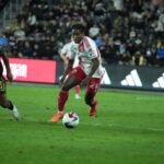 DeJuan Jones playing in the Revolution's defeat against Los Angeles FC.