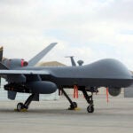 A U.S. MQ-9 drone is on display during an air show at Kandahar Airfield, Afghanistan