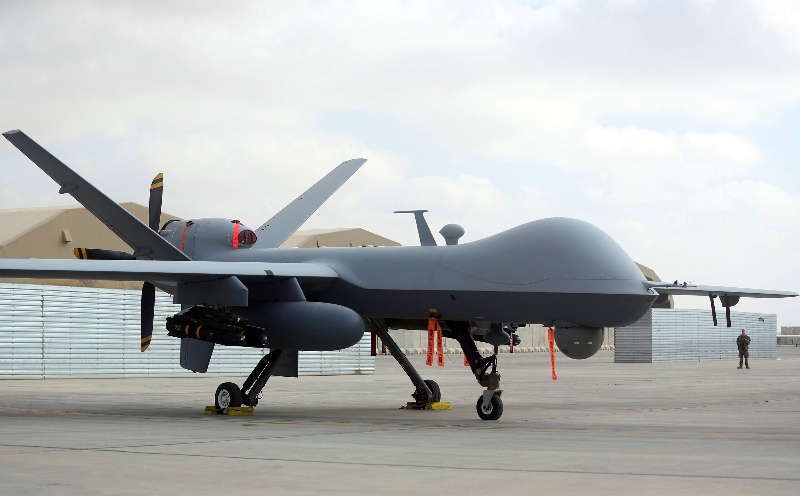 A U.S. MQ-9 drone is on display during an air show at Kandahar Airfield, Afghanistan