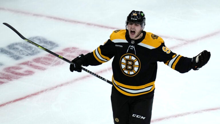 Boston Bruins forward Jakub Lauko celebrates after his goal against the Buffalo Sabres during the second period of an NHL hockey game Thursday, March 2, 2023, in Boston.