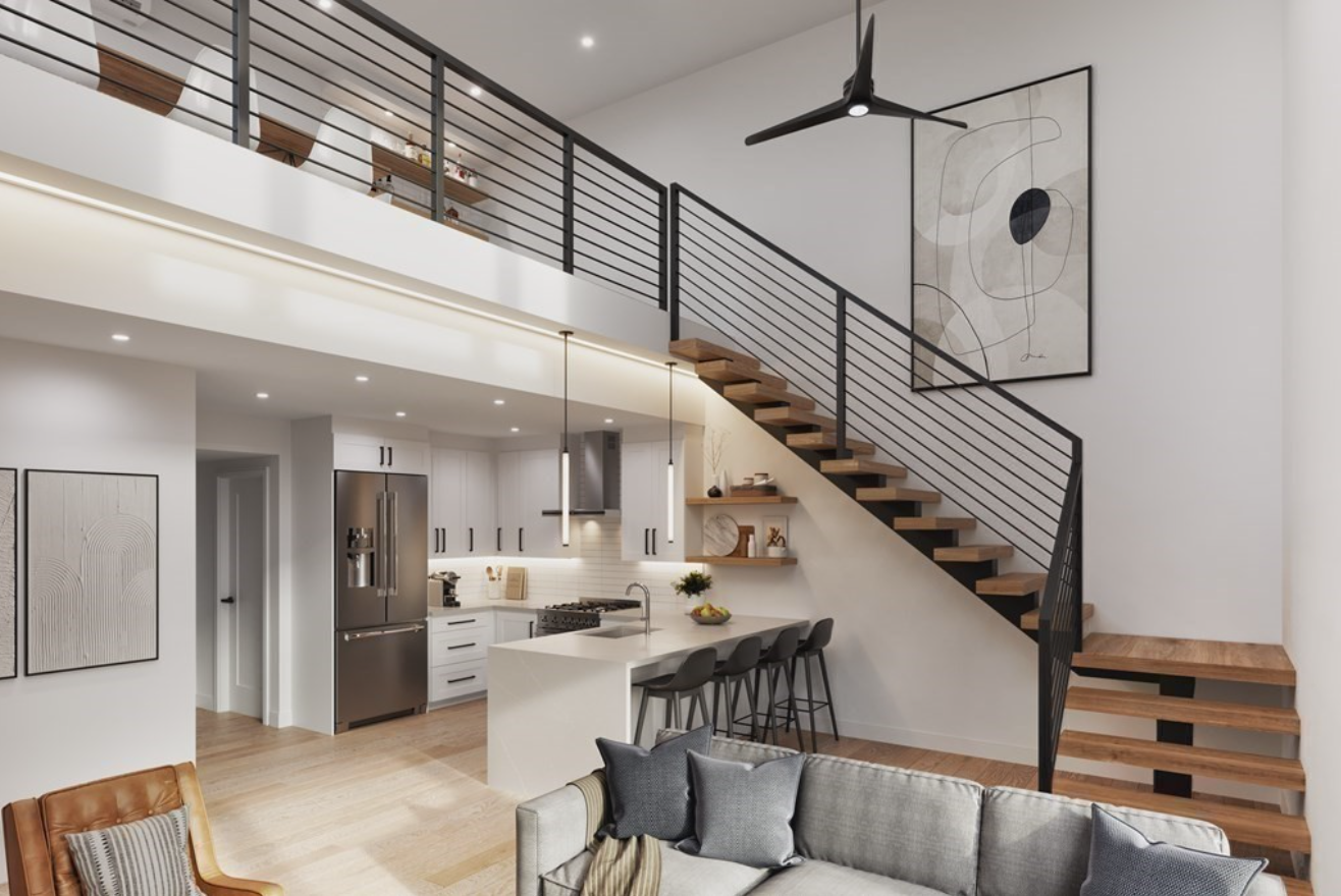 A cantilevered staircase connects the first and second level of this lofted Jamaica Plain condo.