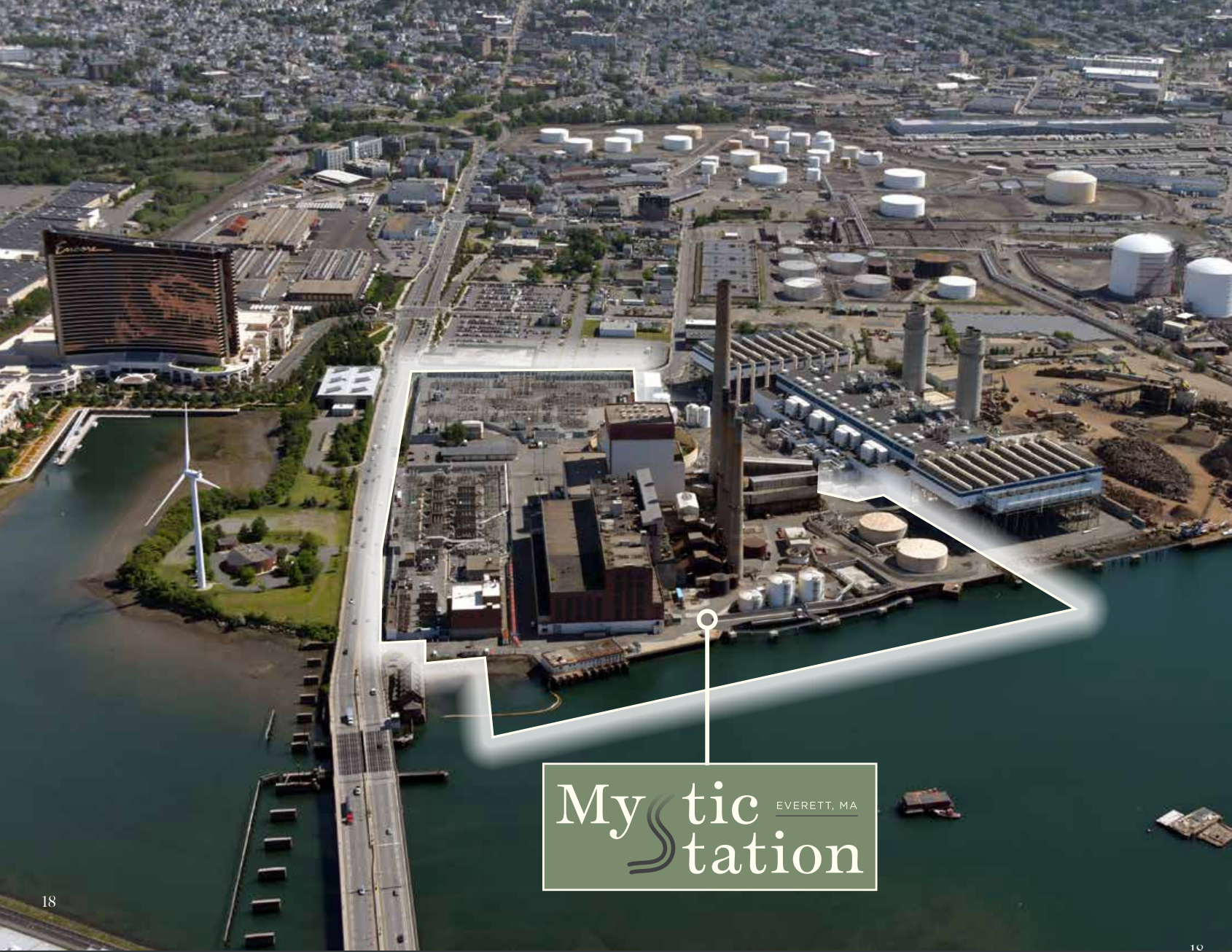 The location of Mystic Station. Wynn Resorts won the auction for a big section of the Mystic Generating Station on the banks of the Mystic River in Everett, across the street from the company’s Encore Boston Harbor casino.
