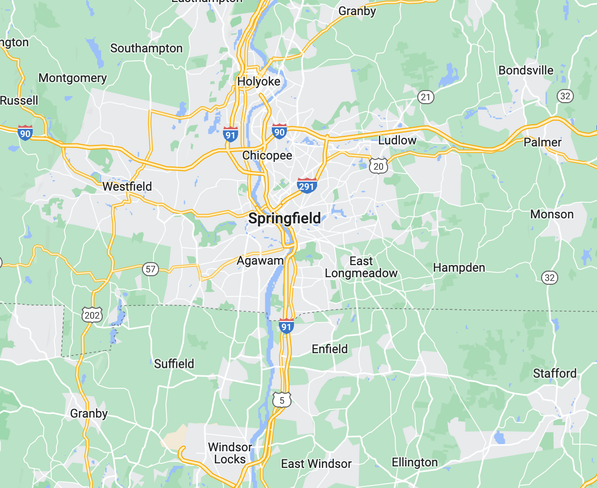 A Google Maps screen capture of Springfield, Massachusetts, and its surrounding area.