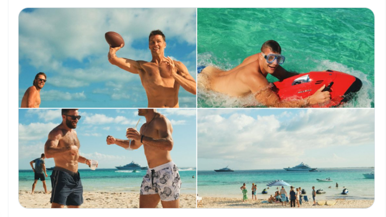 Tom Brady with former Patriots on the beach