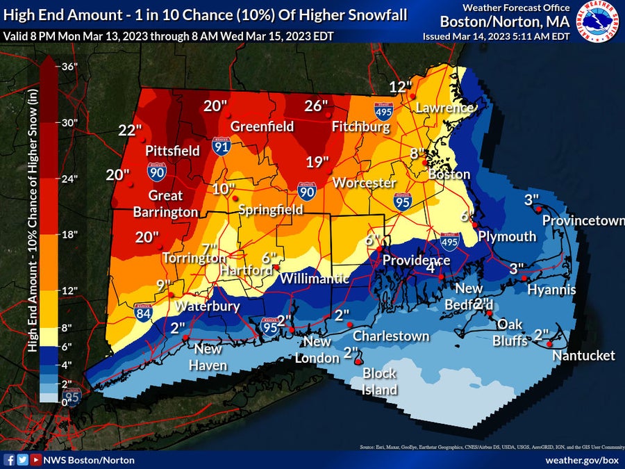 Highest, lowest, expected 3 snowfall accumulation predictions for Mass.