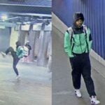 Two side-by-side surveillance images show a man in a green jacket and black pants. In the image on the left, he is shown mid-kick. He is walking with his hands in his pocket in the right image.