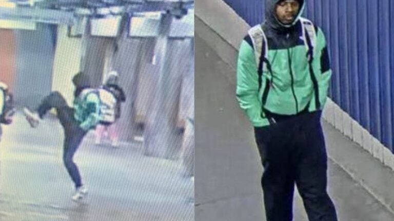 Two side-by-side surveillance images show a man in a green jacket and black pants. In the image on the left, he is shown mid-kick. He is walking with his hands in his pocket in the right image.
