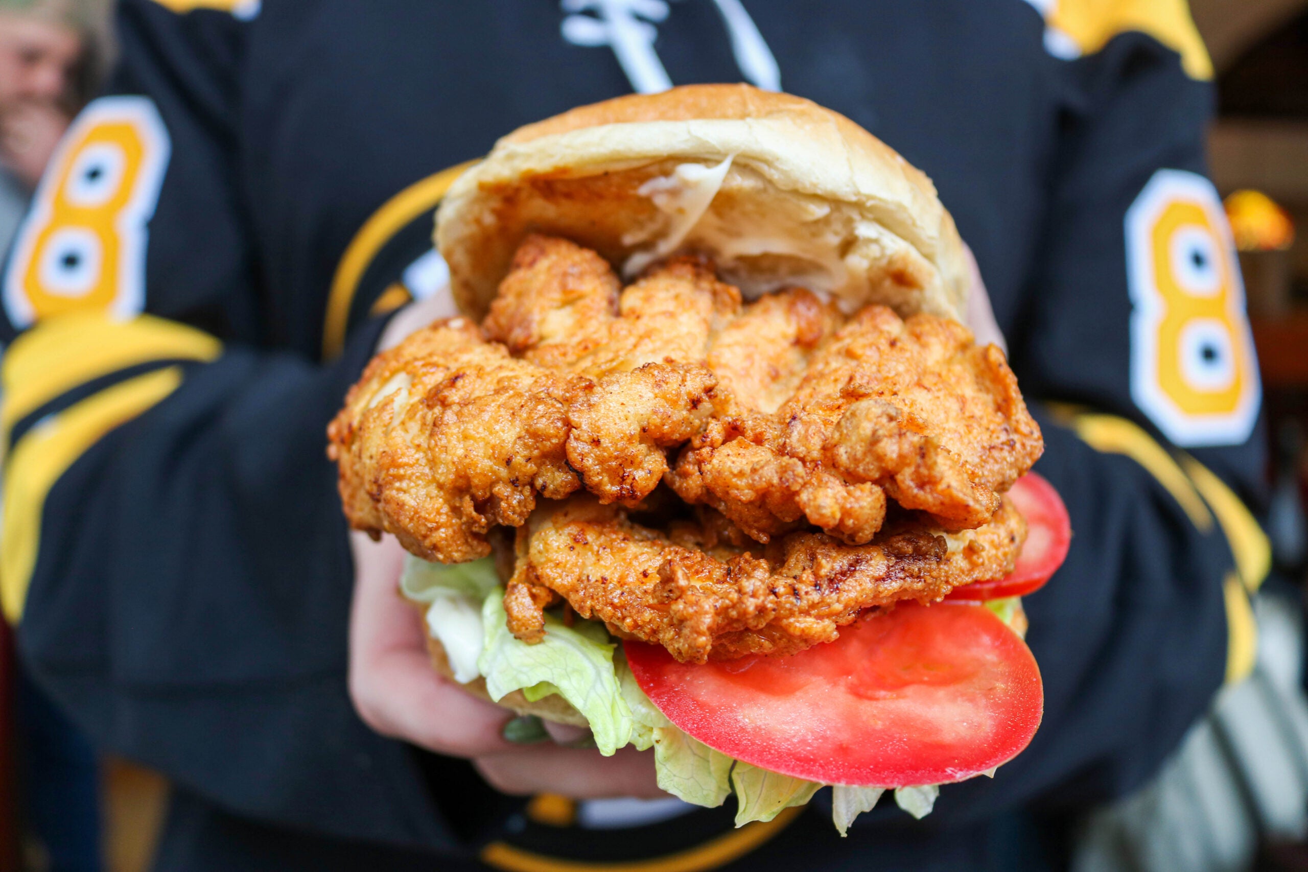 A chicken sandwich with tomato and lettuce.