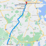 A Google Maps route from Norwood, Mass. to Brookline Ave.
