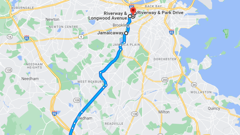 A Google Maps route from Norwood, Mass. to Brookline Ave.