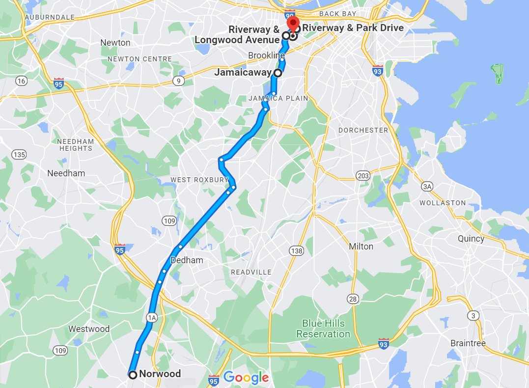 A Google Maps route from Norwood, Mass. to Brookline Ave.