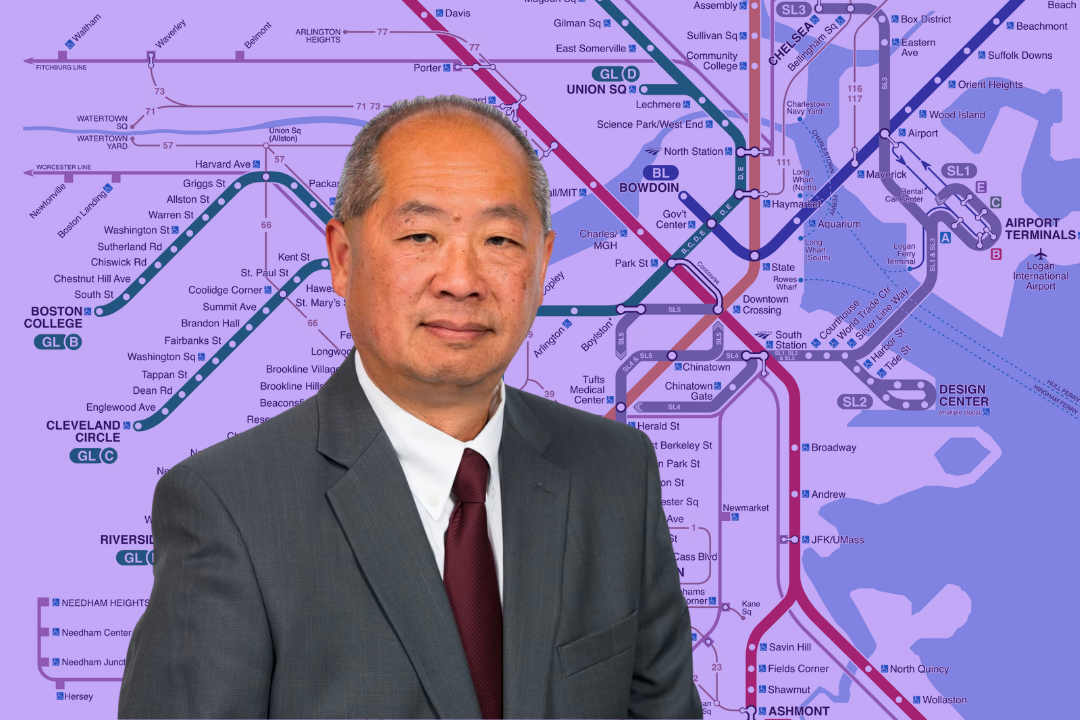 MBTA General Manager Philip Eng in a grey suit superimposed over a purple-tinted map of the MBTA subway.