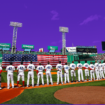 Red Sox players on Opening Day in 2022 lined up at Fenway park with a photoshopped purple sky.