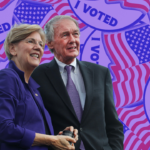 Senators Warren and Markey standing together superimposed on a purple-tinted "I voted" sticker background.